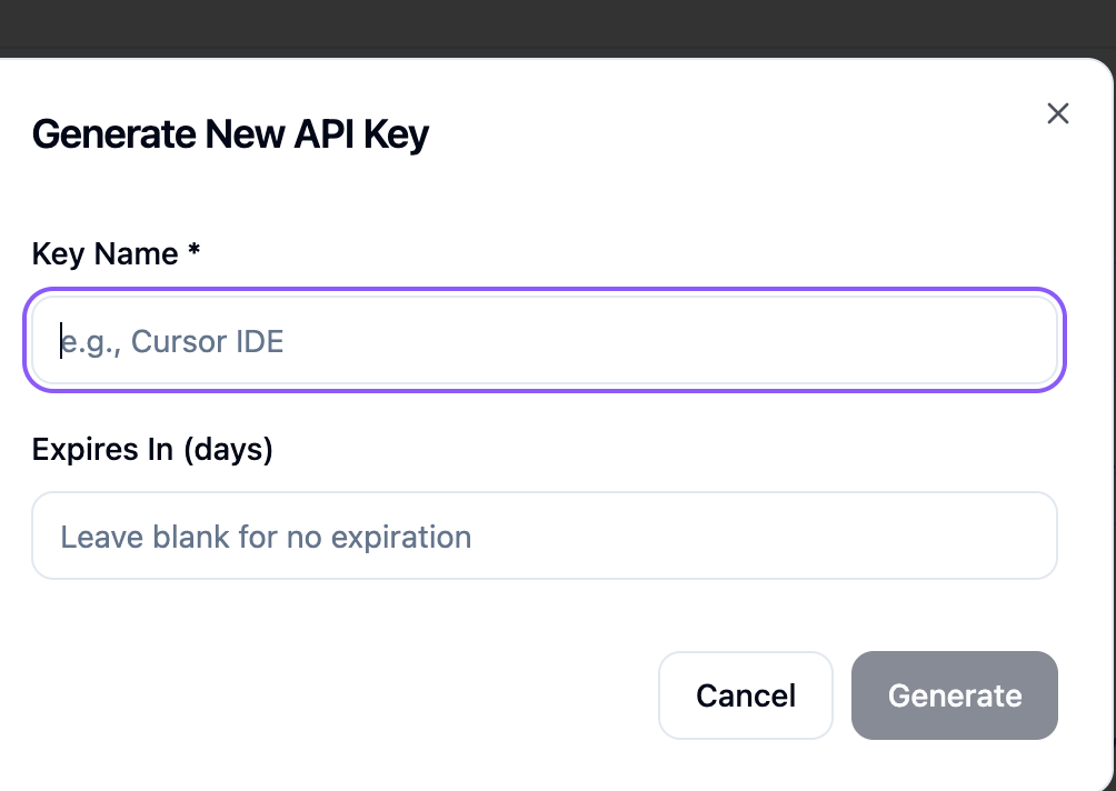 Screenshot – Generate API Key Modal