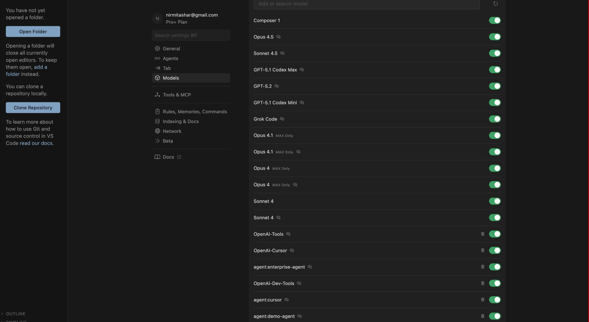 Screenshot – Cursor Models Settings
